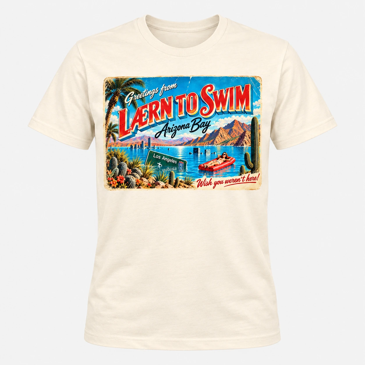 Cream Bella+Canvas tee featuring the Arizona Bay postcard-inspired graphic