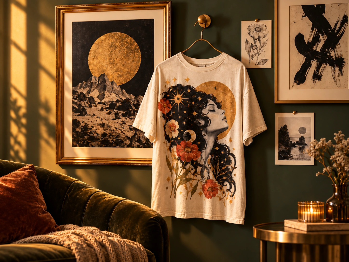 A moody artist-collaboration vignette featuring a graphic tee in a styled gallery setting