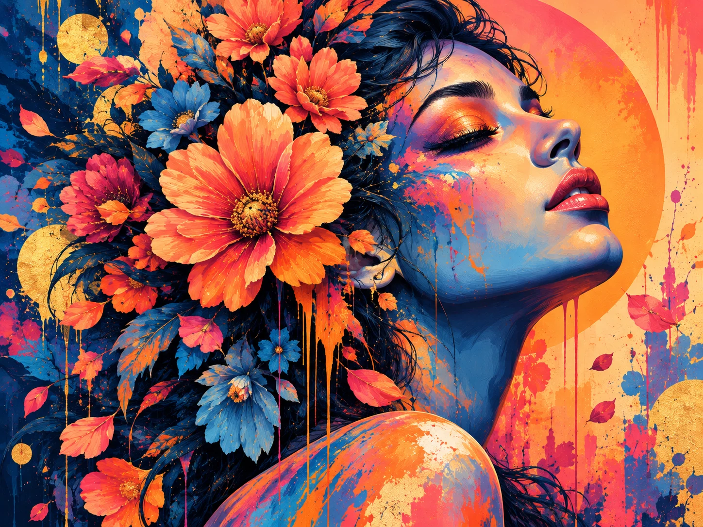 Painterly portrait of a woman surrounded by brightly colored flowers