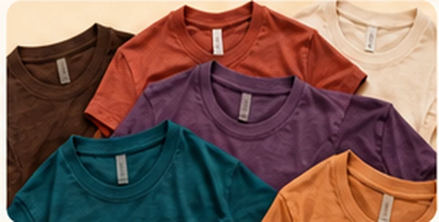 Overlapping shirts in rich brown, clay, muted purple, teal and sand Fall colors