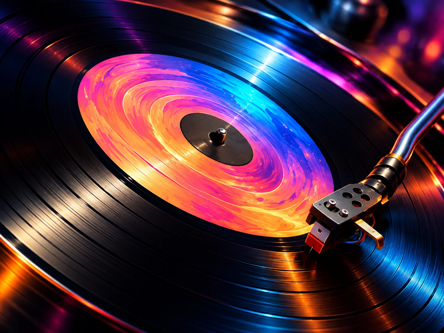 A rainbow-lit vinyl record on a turntable