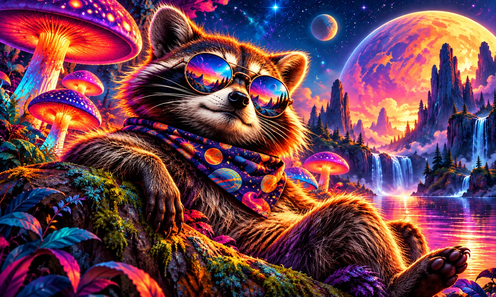 A sunglasses-wearing raccoon in a surreal colorful mushroom landscape