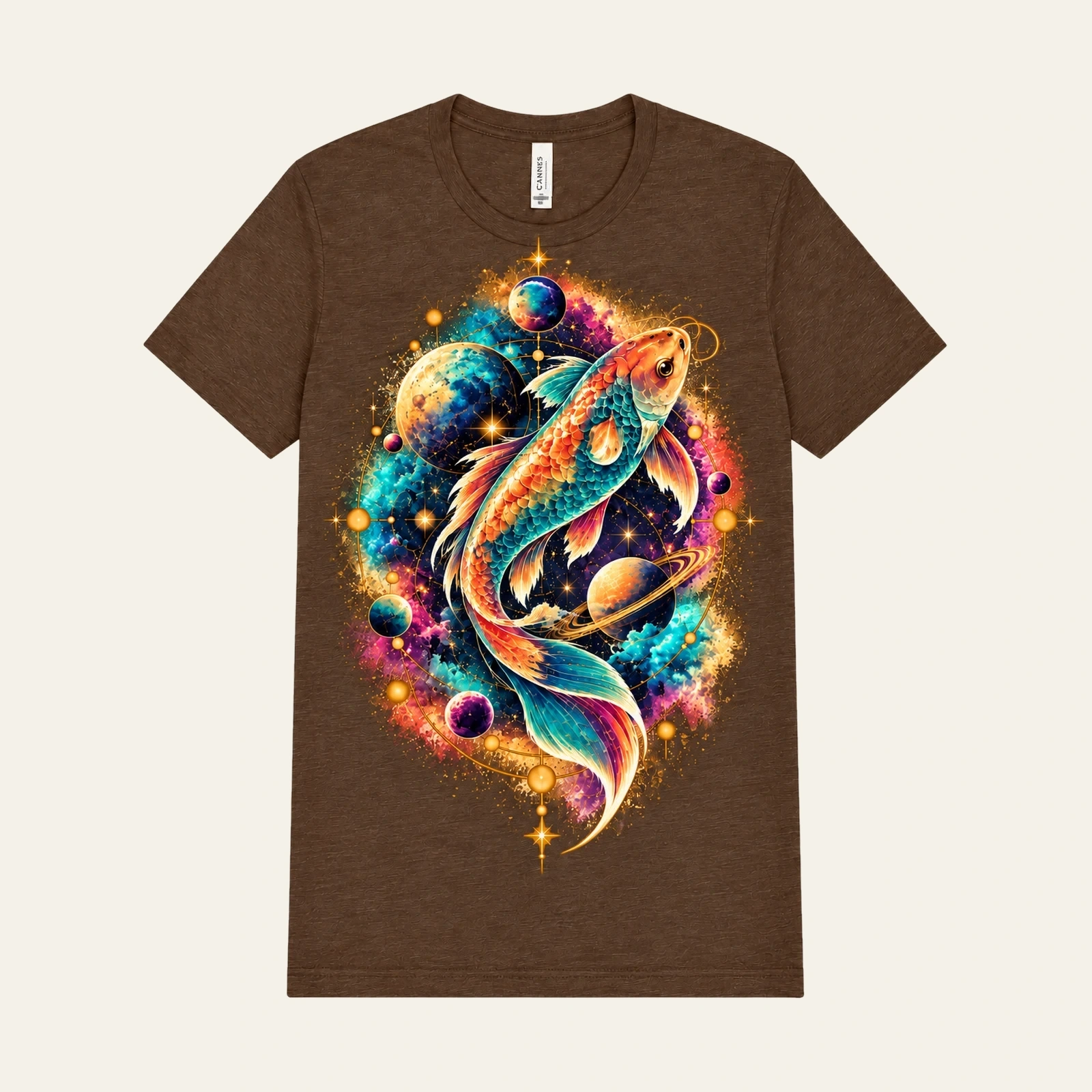 Heather Brown graphic tee featuring a vivid cosmic swimmer surrounded by celestial color