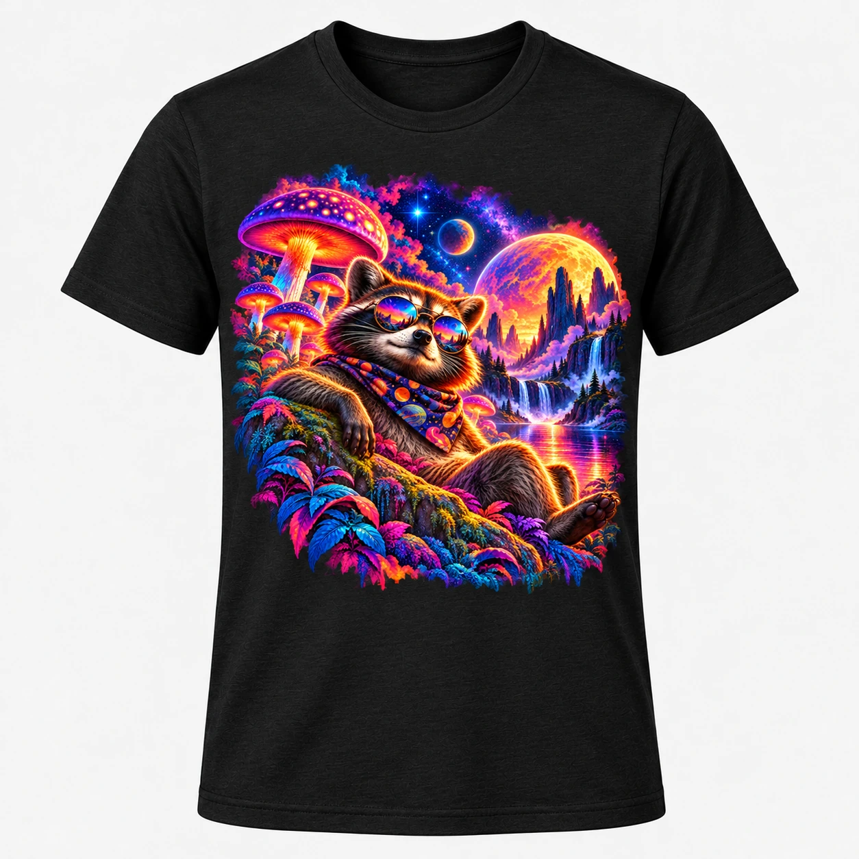 Black Bella+Canvas tee featuring the Cosmic Raccoon neon landscape graphic