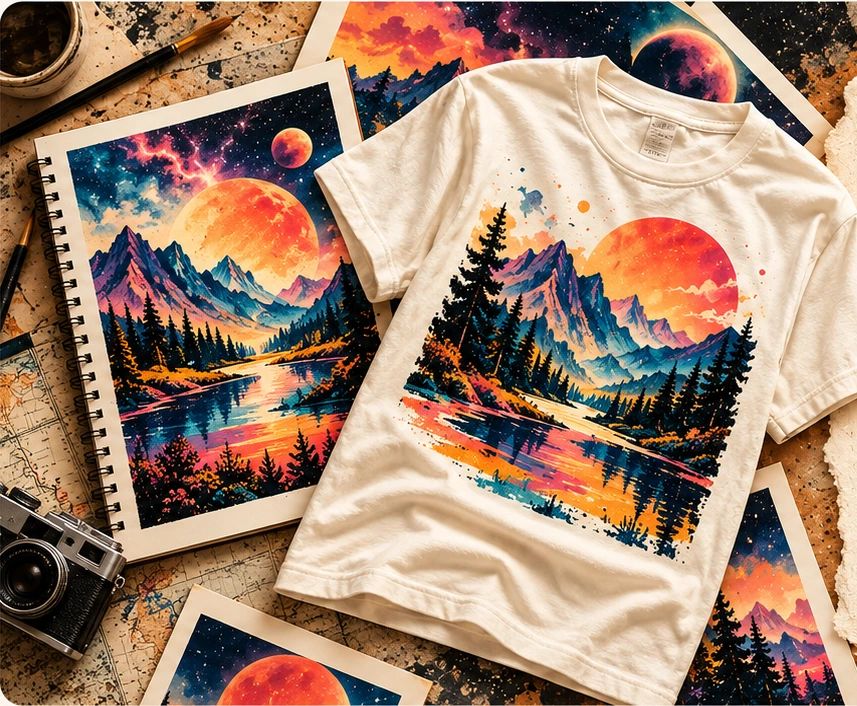 An original landscape graphic printed on a cream T-shirt, surrounded by sketches and colorful cosmic artwork