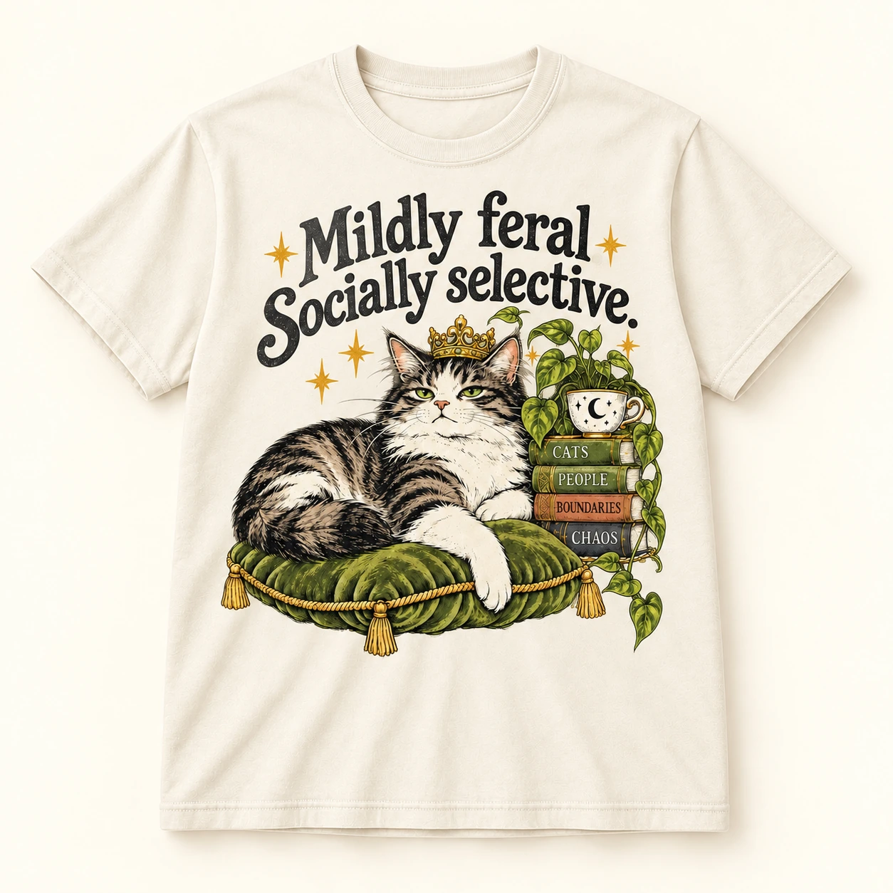 Cream tee with crowned cat and Mildly Feral Socially Selective graphic