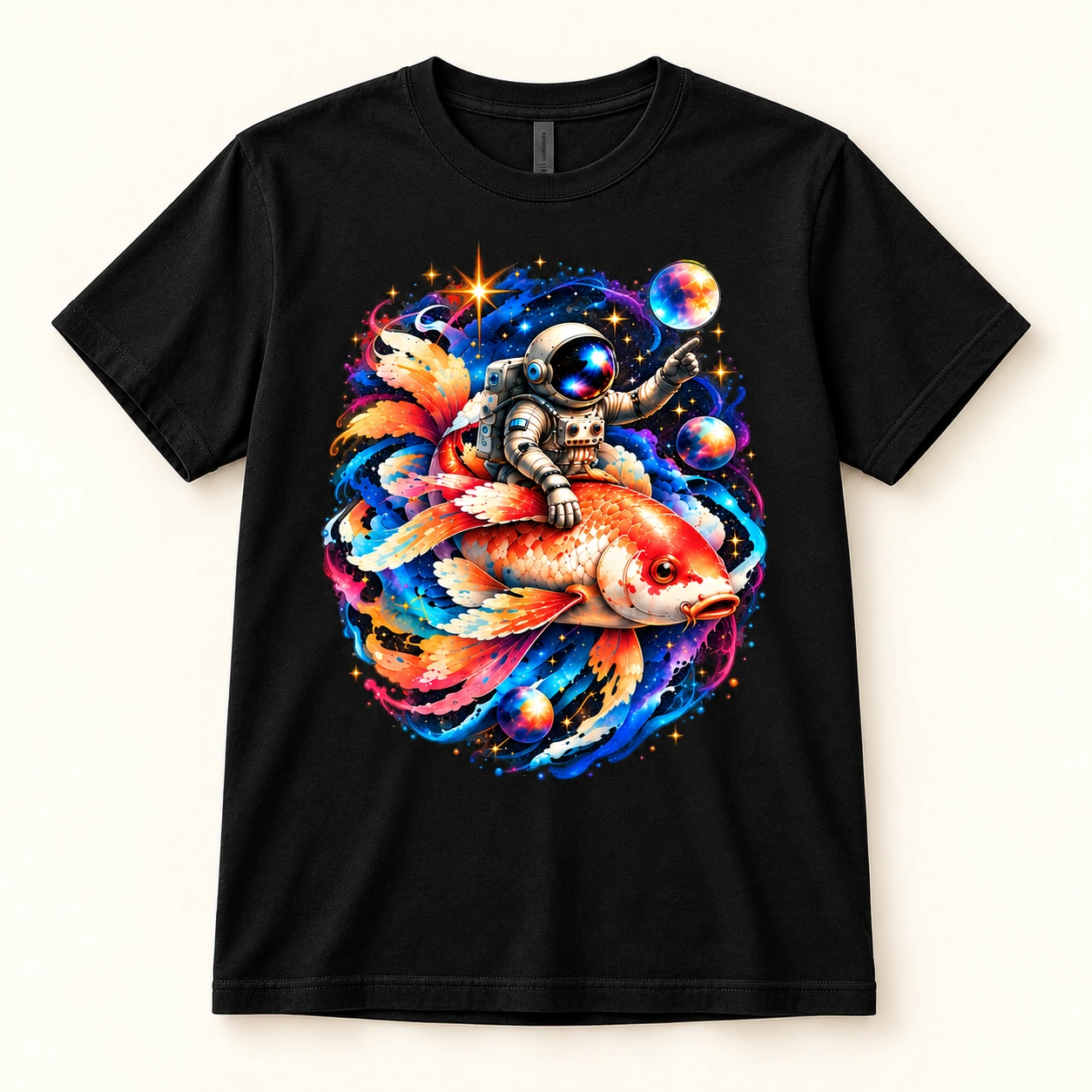 Koi Astronaut artwork: an astronaut riding a brightly colored koi fish through space