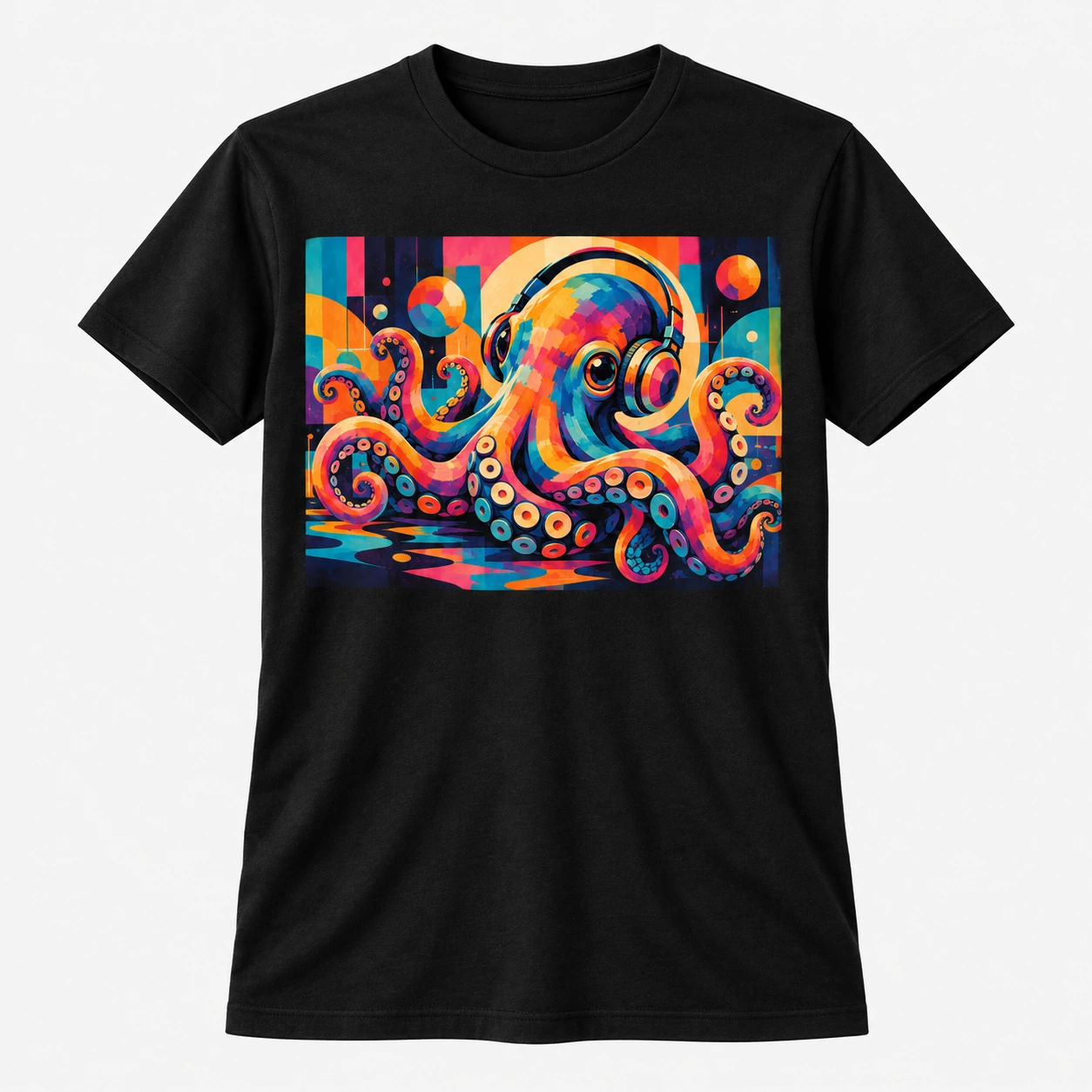 Black Bella+Canvas tee featuring a colorful headphone octopus graphic
