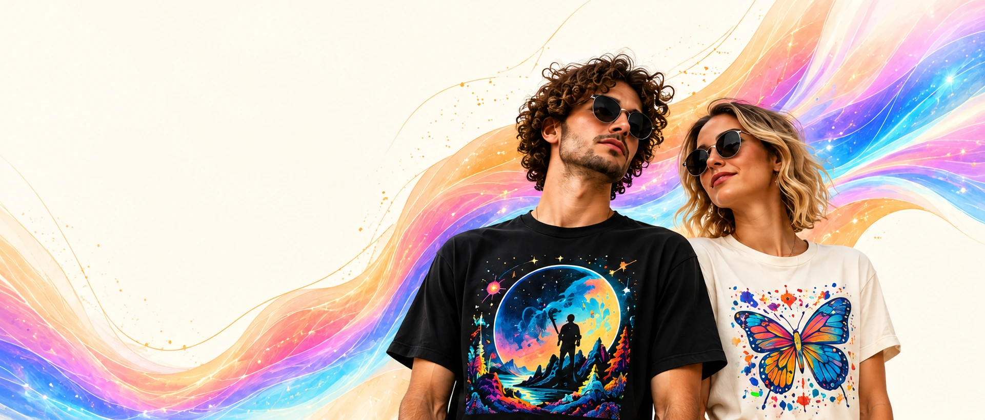 Two models wearing vivid cosmic and butterfly graphic tees amid luminous rainbow ribbons