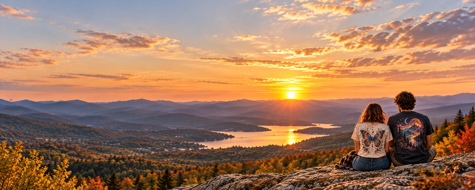 Two friends in graphic tees looking across a golden autumn valley at sunset