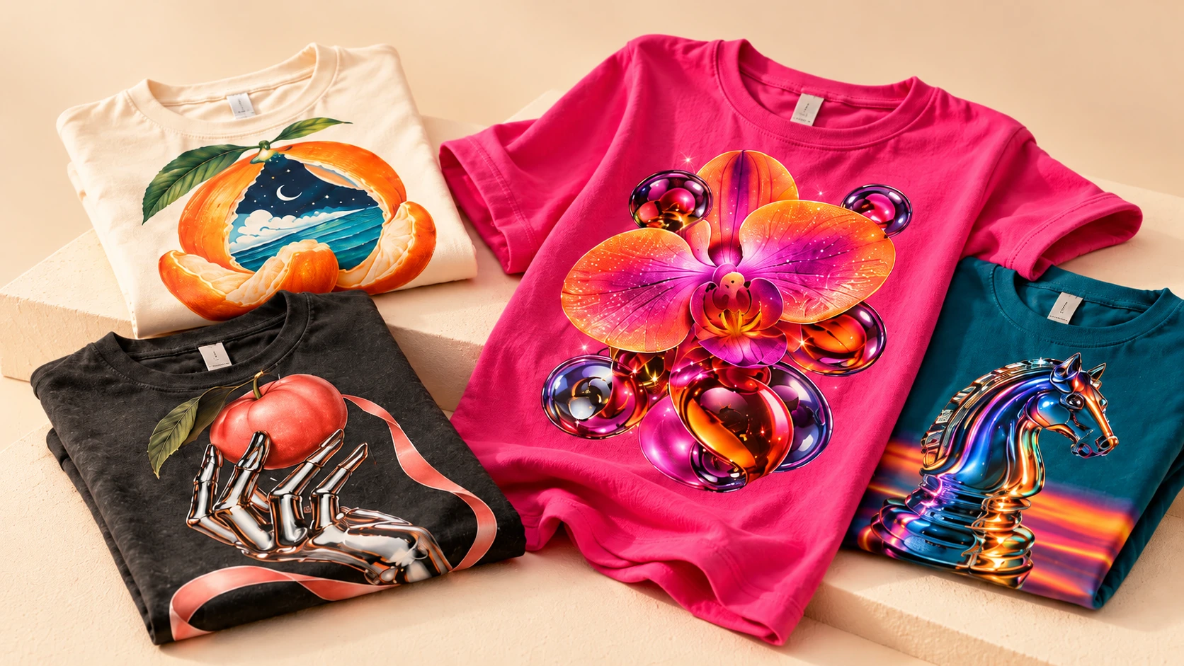 Folded Technodelic original tees featuring a vivid pink orchid, surreal citrus, chrome sculpture and iridescent chess knight