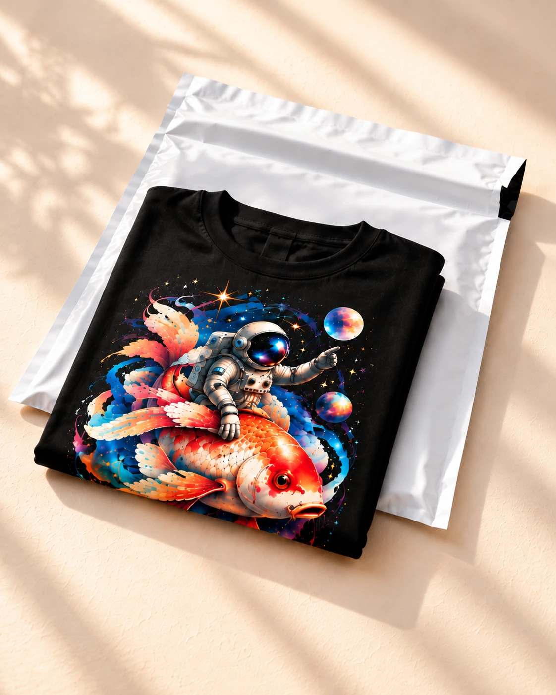 Folded black Koi Astronaut shirt beside a plain white poly mailer