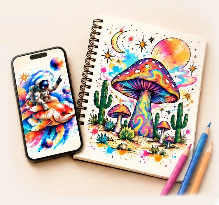 A phone and sketchbook with colorful creative artwork