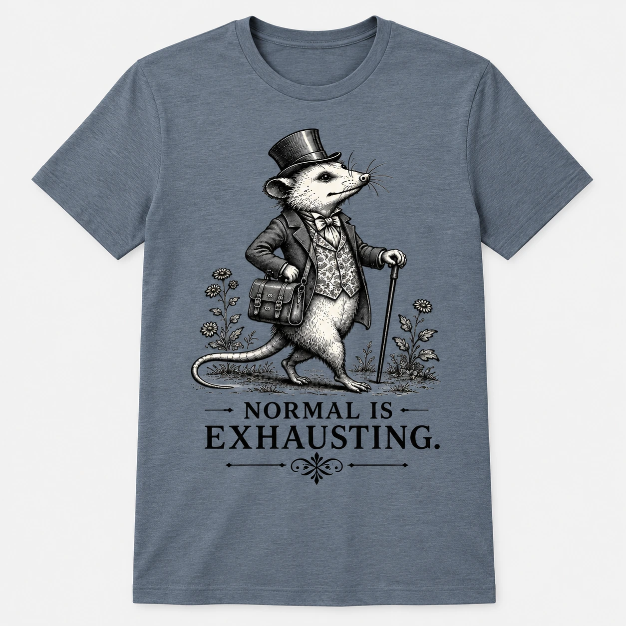 Slate grey Bella+Canvas tee featuring the Normal Is Exhausting opossum graphic